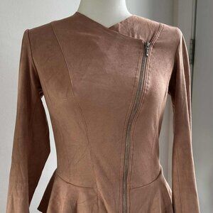 Iris Setlakwe Rose Pink Faux-Suede Peplum Jacket with Asymmetric Zipper – US 0